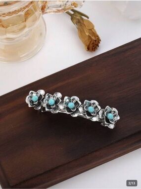 Silver Floral Hair Barrette with Turquoise Accents